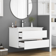 32-Inch Wall-Mounted Bathroom Vanity With Sink Combo, Double Drawers, Rounded Drawer Fronts,Soft-Close System,Ceramic Sink,No Handle Design,Solid Wood,Easy to Install,White