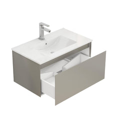 32-Inch Wall-Mounted Bathroom Vanity with 1 Big Drawers, Soft-Close System,Ceramic Sink,No Handle Design,Solid Wood,Painting Finish,Easy to Install,The Faucet Is Not Included,Mocha Gray