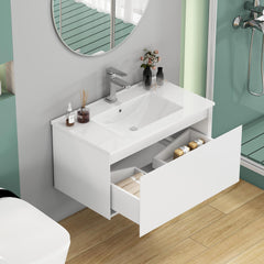 32-Inch Wall-Mounted Bathroom Vanity with 1 Big Drawers, Soft-Close System,Ceramic Sink,No Handle Design,Solid Wood,Painting Finish,Easy to Install,The Faucet Is Not Included,Matt White