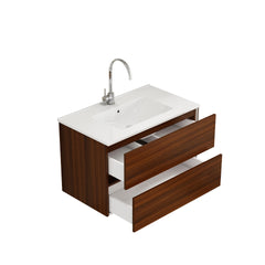 32-Inch Wall-Mounted Bathroom Vanity with Double Drawers, Soft-Close System,Ceramic Sink,No Handle Design,Solid Wood,Easy to Install,The Faucet Is Not Included,Walnut