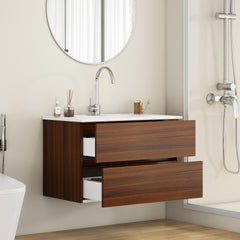 32-Inch Wall-Mounted Bathroom Vanity with Double Drawers, Soft-Close System,Ceramic Sink,No Handle Design,Solid Wood,Easy to Install,The Faucet Is Not Included,Walnut