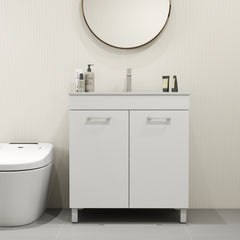 32-Inch Floor-Mounted Bathroom Vanity with Sink Combo,Double Doors With Soft Close Hinges,Bathroom Cabinet With Adjust Shelf,Metal Handle ,Ceramic Basin,Adjustable Silver Feet,Glossy White