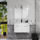 32-Inch Bathroom Vanity With Sink and Mirror Combo,Wall-Mounted Bathroom Vanity with Double Doors, Silver aluminum frame,Soft Close Hinges,Long metal handles,Ceramic basin,Glossy White