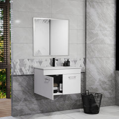 32-Inch Bathroom Vanity With Sink and Mirror Combo,Wall-Mounted Bathroom Vanity with Double Doors, Silver aluminum frame,Soft Close Hinges,Long metal handles,Ceramic basin,Glossy White