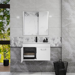 32-Inch Bathroom Vanity With Sink and Mirror Combo,Wall-Mounted Bathroom Vanity with Double Doors, Silver aluminum frame,Soft Close Hinges,Long metal handles,Ceramic basin,Glossy White