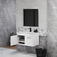 32-Inch Bathroom Vanity With Sink and Mirror Combo,Wall-Mounted Bathroom Vanity with Double Doors, Silver aluminum frame,Soft Close Hinges,Long metal handles,Ceramic basin,Glossy White