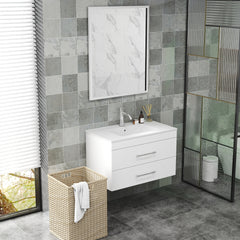 32-Inch White Gloss Wall-Mounted Bathroom Vanity with Double Drawers, Soft-Close System,Ceramic Sink, and Aluminium frame – Create a Modern and Minimalist Bathroom Space!Glossy White