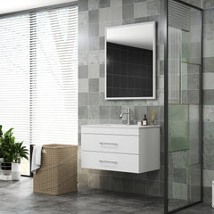 32-Inch White Gloss Wall-Mounted Bathroom Vanity with Double Drawers, Soft-Close System,Ceramic Sink, and Aluminium frame – Create a Modern and Minimalist Bathroom Space!Glossy White