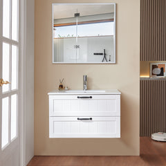 31.5inch Modern Style Bathroom Cabinet, Double Drawer With Decor Line,Wall-Mounted Bathroom Vanity with Basin & Mirror,Soft-Close System,Solide Wood,for Bathroom,White
