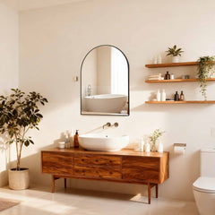 30x36 Inch Black Metal Framed Arched Bathrrom Mirror for Wall.