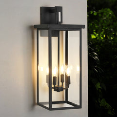 26"(H) 1ps Modern Outdoor Wall Lanterns with Black Metal Frame and Clear Glass, 4 E12 Bulb Socket, Weatherproof Wall Sconces for Porch, Garden, Patio (No Bulbs)