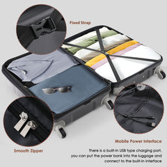 Luggage Set of 3, 20-inch with USB Port, Airline Certified Carry-on Luggage , ABS+PC Hard Shell Luggage with Spinner Wheels,black