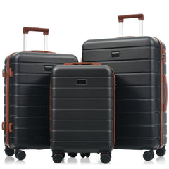 Premium ABS Travel Luggage Set , 3-Piece TSA Lock Suitcase Ensemble with 20, 24, and 28 Inch Sizes with 360° Spinner Wheels, black and brown