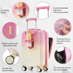 Luggage Set of 3, 20, 24, 28inch with USB Port, 20, 24inch with front opening design Airline Certified Carry on Luggage with Cup Holder, ABS+PC Hard Shell Luggage with Spinner Wheels, pink