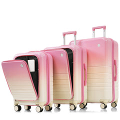 Luggage Set of 3, 20, 24, 28inch with USB Port, 20, 24inch with front opening design Airline Certified Carry on Luggage with Cup Holder, ABS+PC Hard Shell Luggage with Spinner Wheels, pink