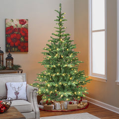 6ft Pre-Lit Christmas Tree with 300 Warm White LED Lights, 611 PE+PVC Tips, Realistic Layered Look, Unique Wooden Base – Full Artificial Holiday Tree for Home Decor
