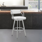 Orlen 26" Swivel White Faux Leather and Silver Metal Bar Stool