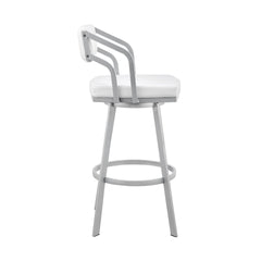Orlen 26" Swivel White Faux Leather and Silver Metal Bar Stool