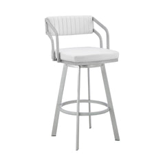 Orlen 26" Swivel White Faux Leather and Silver Metal Bar Stool