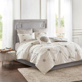6 Piece Embroidered Cotton Reversible Comforter Set Ivory Full/Queen