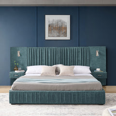 King Size Upholstered Bed Frame with Chenille fabric with pleated design,Grounded King Size Platform Bed with Headboard and Solid Frame and the bedside table.No Box Spring Needed-Blue-Green