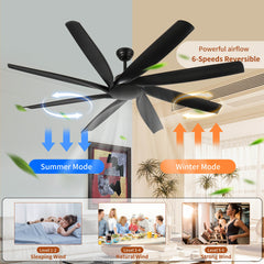 72 inch Ceiling Fans no Light with Remote Control, 8 Reversible Blade, Quiet DC Motor, Timer Function, 6-Speed, Industrial Ceiling Fan for Bedroom Home Kitchen (Black)