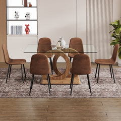 1 table and 6 chairs set.63"x35.4x30" Rectangular Transprant Tempered glass Dining Tabletop with Wood color MDF OC shaped bracket.Paired with 6 brown technology fabric dining chairs.W1151S02013