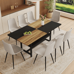 Table and chair set.71*35.4 inch Wooden And Black Spliced Dining Table With Storage Function In The Middle Of The Table Legs.Paired With 8 Warm Light Gray PU Chairs With Curved Widened Cushion Design.