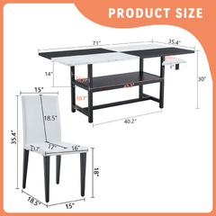 Table and chair set.71*35.4 inch White And Black Spliced Dining Table With Storage Function In The Middle Of The Table Legs.Paired With 8 White PU Dining Chairs, Simple And Versatile.