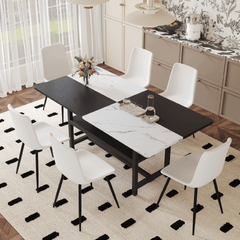Table and chair set.71*35.4 inch White And Black Spliced Dining Table With Storage Function In The Middle Of The Table Legs.Paired With 6 White Artificial PU Chairs With Curved Widened Cushion Design.