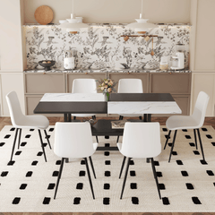 Table and chair set.71*35.4 inch White And Black Spliced Dining Table With Storage Function In The Middle Of The Table Legs.Paired With 6 White Artificial PU Chairs With Curved Widened Cushion Design.