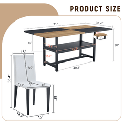 Table and chair set.71*35.4 inch Wooden And Black Spliced Dining Table With Storage Function In The Middle Of The Table Legs.Paired With 6 White PU Dining Chairs, Simple And Versatile.