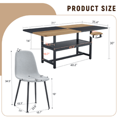 Table and chair set.71*35.4 inch Wooden And Black Spliced Dining Table With Storage Function In The Middle Of The Table Legs.Paired With 6 Light Gray Linen Fabric Chairs.