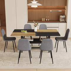 Table and chair set.71*35.4 inch Wooden And Black Spliced Dining Table With Storage Function In The Middle Of The Table Legs.Paired With 6 Chairs Made Of Dark Gray Lnen Fabric.Iron pipe spraying Legs.