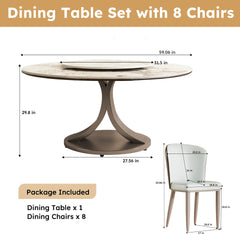 59" Round Dining Table with 360° Rotating Lazy Susan - Scratch & Heat Resistant Sintered Stone Tabletop for Dining Room & Kitchen(8 chairs)