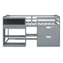 Twin Size Low Loft Bed with Rolling Desk, Shelf and Drawers - Gray