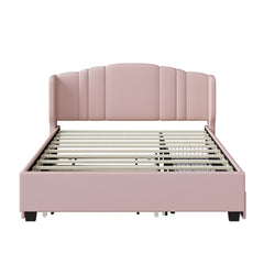 Upholstered Platform Bed with Wingback Headboard, One Twin Trundle and 2 Drawers, No Box Spring Needed, Linen Fabric, Queen Size, Pink