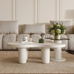 Cream White Modern Nesting Coffee Tables Set of 2, 2 in 1 Irregular Coffee Table with Glass Top End Table for Living Room Easy to Assemble