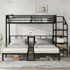 Twin over Twin & Twin Bunk Beds for 3, Twin XL over Twin & Twin Bunk Bed Metal Triple Bunk Bed with Desk & Shelves, Space Saving/Noise Reduction, Black