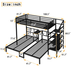 Twin over Twin & Twin Bunk Beds for 3, Twin XL over Twin & Twin Bunk Bed Metal Triple Bunk Bed with Desk & Shelves, Space Saving/Noise Reduction, Black