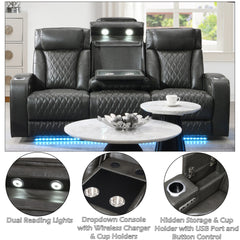 Taddeo Dark Gray Synthetic Leather Power Motion Sofa w/Power Headrest, USB, Wireless Charger, LED & Reading Light