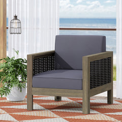 Outdoor Acacia Wood Club Chair with Wicker Accents, Gray + Mixed Gray + Brown, 30.25"D x 27.5"W x 23.75"H
