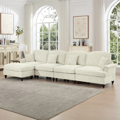 Classic Three Seater Modular L Shaped Sectional Couch with Flared Arms and Removable Ruffles Pleats Skirts and Spindle Legs, Comfy Chenille Four-Seat Deep Seat Sofa with Movable Ottoman, Beige White