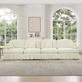 Elegant Mid Century Large 4 Seater Sofa Couch with Flared Arms and Removable Ruffles Pleats Skirts and Spindle Legs, Comfy Chenille Four-Seat Sofa for Living Room, Beige White