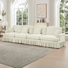 Elegant Mid Century Large 4 Seater Sofa Couch with Flared Arms and Removable Ruffles Pleats Skirts and Spindle Legs, Comfy Chenille Four-Seat Sofa for Living Room, Beige White