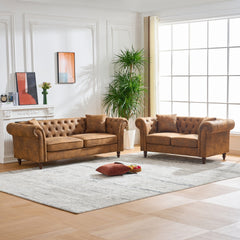 63"Chesterfield tech Fabric Sofa,High-tech Fabric Roll Armrest Sofa,Upholstered Mid Century Modern Couch,2 Seater Couch for Living Room, Office, Apartment, Brown