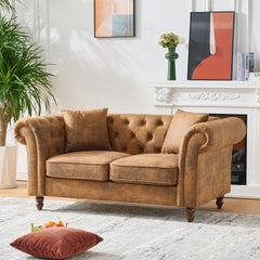 63"Chesterfield tech Fabric Sofa,High-tech Fabric Roll Armrest Sofa,Upholstered Mid Century Modern Couch,2 Seater Couch for Living Room, Office, Apartment, Brown