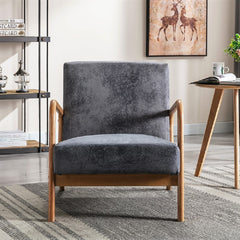 Classic Mid Century Modern Accent Chairs for Living Room or Bedroom, Espresso Finish Open-Framed Armchair with Plush Cushioning and Microfiber Upholstery, Light Gray