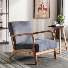 Classic Mid Century Modern Accent Chairs for Living Room or Bedroom, Espresso Finish Open-Framed Armchair with Plush Cushioning and Microfiber Upholstery, Light Gray