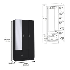 Riverside 3 Door Mirrored Armoire with Two Drawers, Four Shelves, and Hanging Rod Black